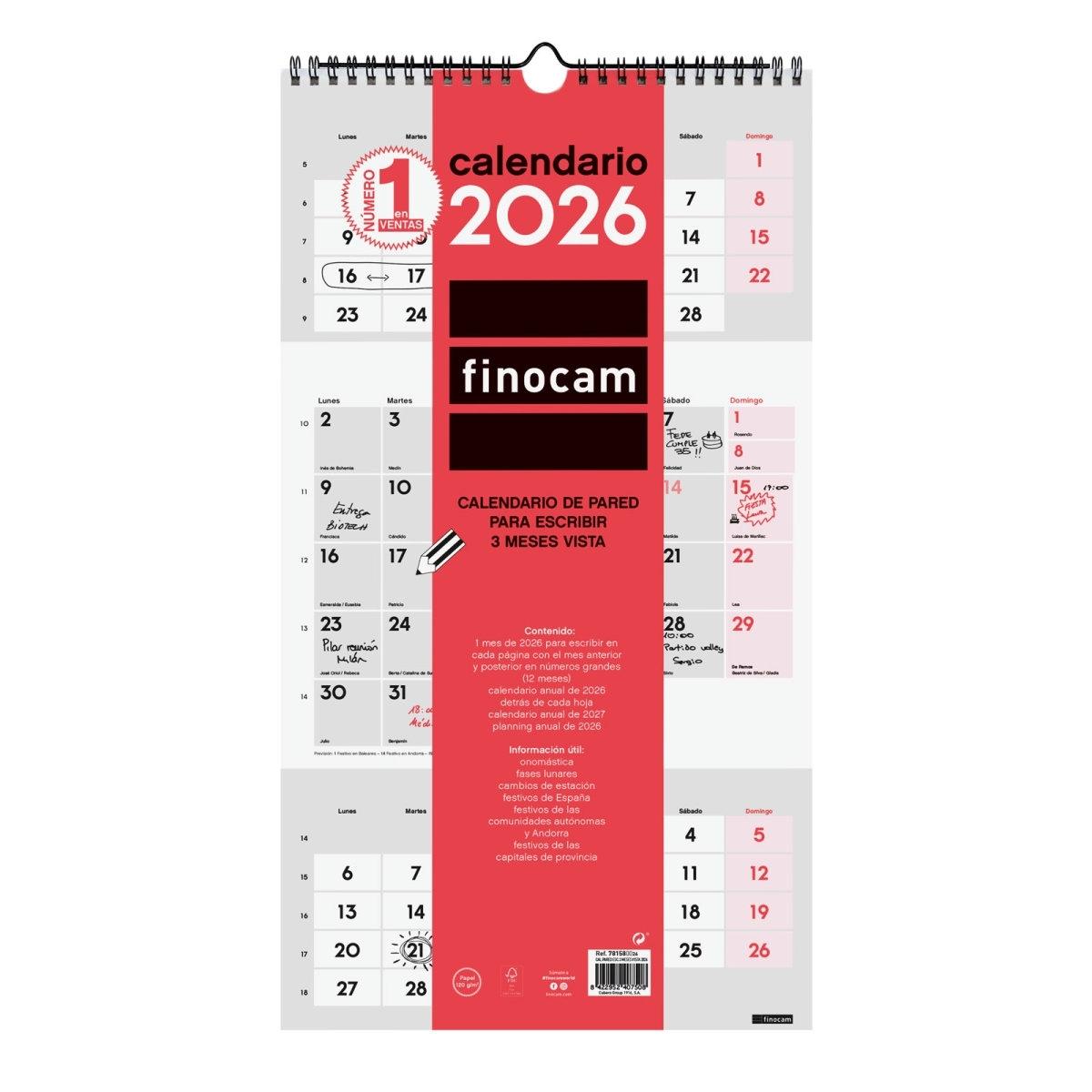 Calendario año 2026 Finocam 781580026 pared escribir 236x430 3 meses vista