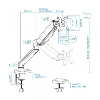 Soporte de Mesa brazo monitor TOOQ DB5032TNR-B Contrapeso Giratorio e Inclinable para Monitor 17-32(VESA 75x75 y 100x100, 9 kg)