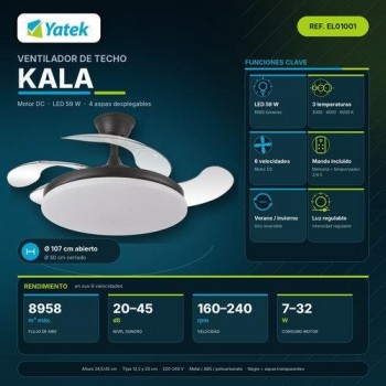 Ventilador techo con luz Yatek 59w negro EL01001