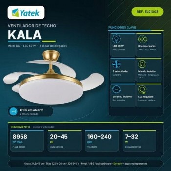 Ventilador techo con luz Yatek 59w dorado EL01003