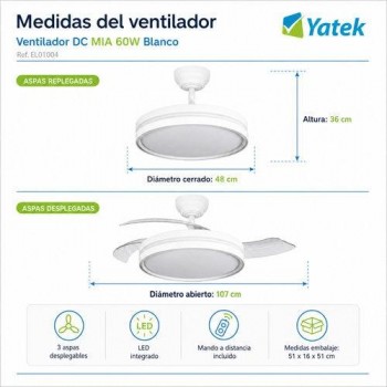 Ventilador techo con luz Yatek Mia silencioso 60w blanco EL01004