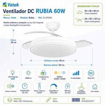 Ventilador de techo con luz Yatek Rubia Blanco 60W silencioso EL01005