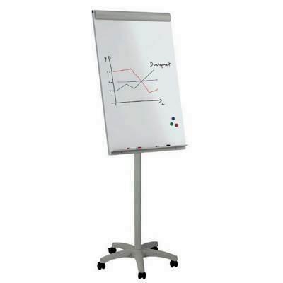 Pizarra de conferencias con base de ruedas con superficie metálica magnética 68x104cm